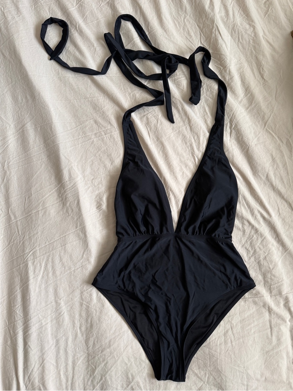 Deep V Halter Black Swimsuit | Criss Cross Back and Waist Tie